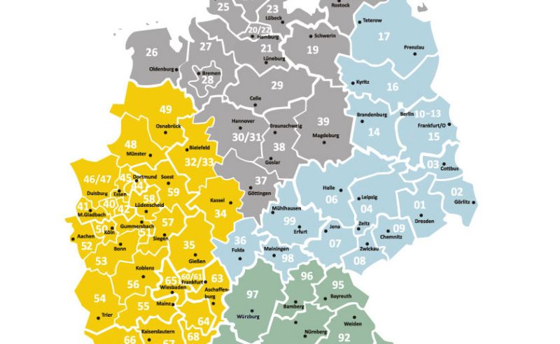 Die Karte zeigt die geografische Verteilung verschiedener Regionen in Deutschland, farblich markiert nach bestimmten Kategorien. In den Regionen sind Zahlen verzeichnet, die möglicherweise auf statistische Daten oder Codes hinweisen. Die Farben variieren von Gelb über Grau bis Blau.